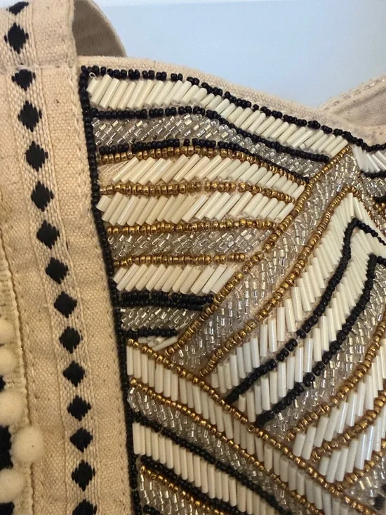 Medium Cream Geometric Embroidered Tote with Black & Gold Trim - Picture 5 of 7